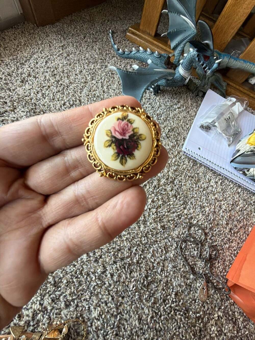 Vintage Floral Cameo Style Brooch and Pendant with Pink Roses and Gold-Tone Fili